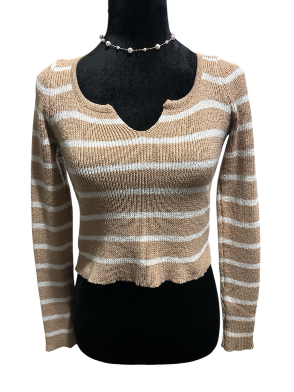 Tan and White Striped Knit Sweater-EUC